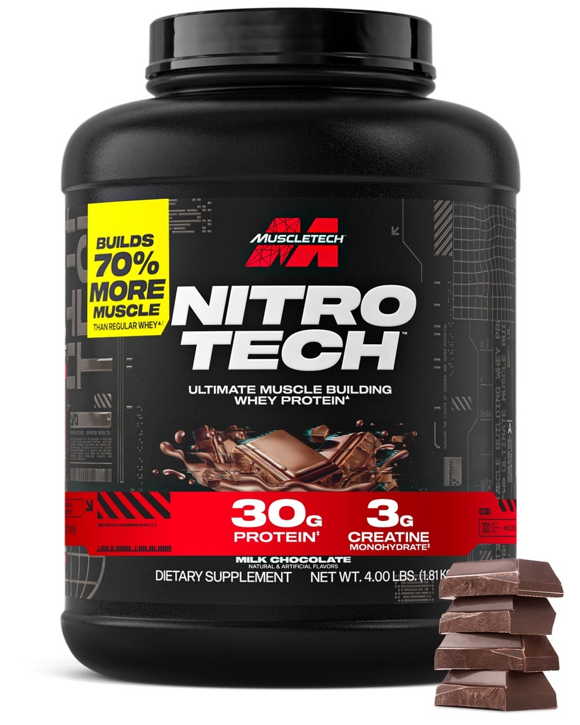 肌肉科技 Whei蛋白粉(Molk Cocolico, 4 英镑) - Nitro-Tech Ultimate Muscle Building Formation with Whei蛋白隔膜-30g of Protein, 3g of Creatine & 6.8g of BCAA - 包装 May Vary