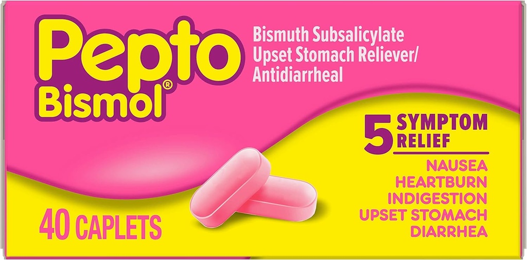 Pepto Bismol Caplets for Nausea, Heartburn, 消化不良, Upset Stomach, 和腹泻, 5 症状快速救助, 方便形式, 40 cm