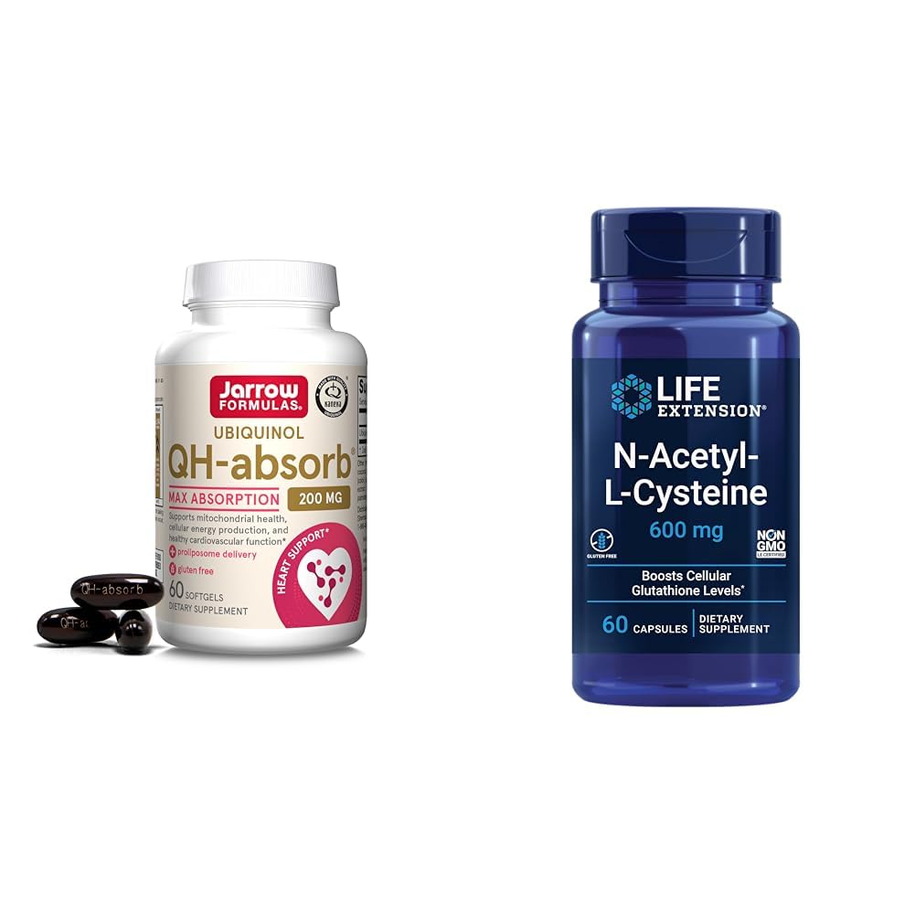 Jarrow公式 QH-Absorb 200 mg - 高吸收 CO-Q10 - 活性抗氧化剂形式 共Q10和生命延长 N-乙酰-L-Cysteine(NAC),免疫,呼吸,肝脏健康,NAC 600 mg