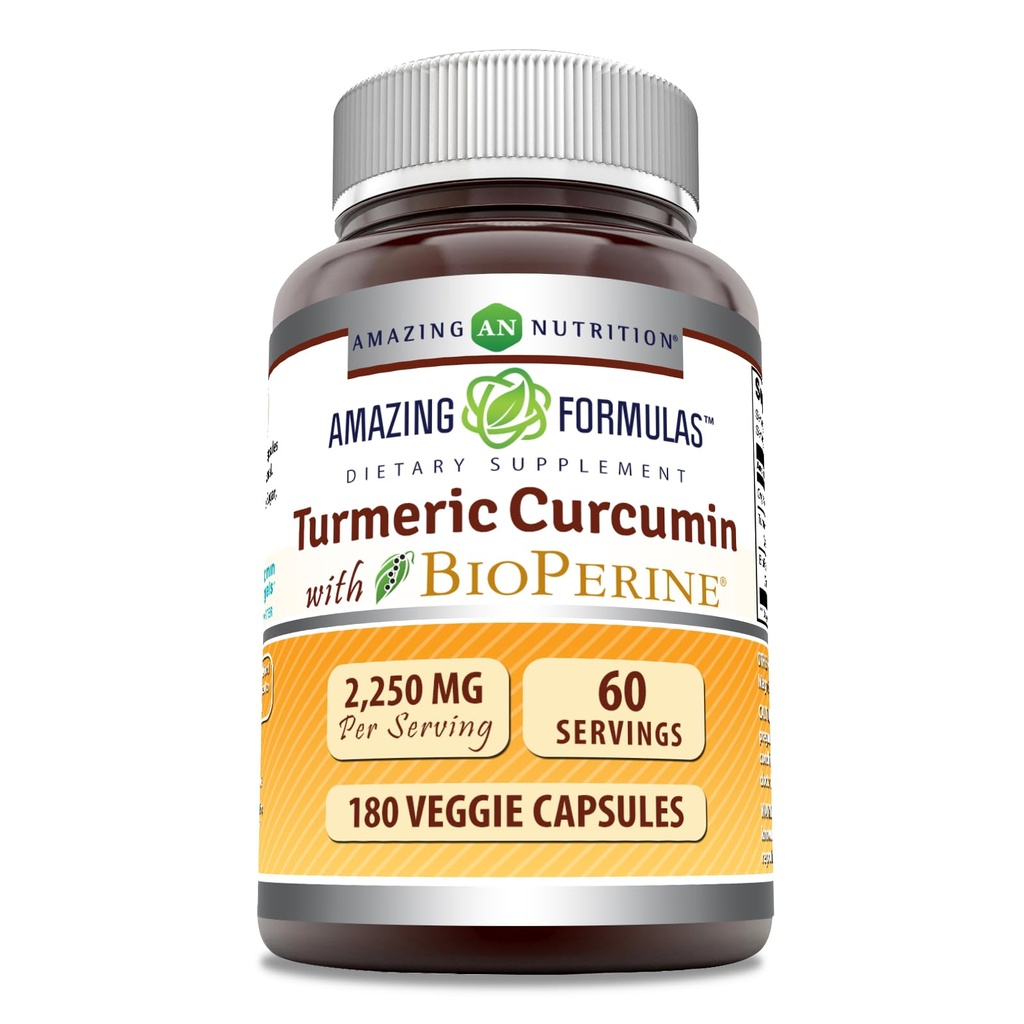 配有生物素补充剂的Turmeric Curcumin – 2250 Mg / 服务量 – Veggie Capsules – NO-GMO – Gluten-free – 在美国制造 (1 Pack, 180 Counter)