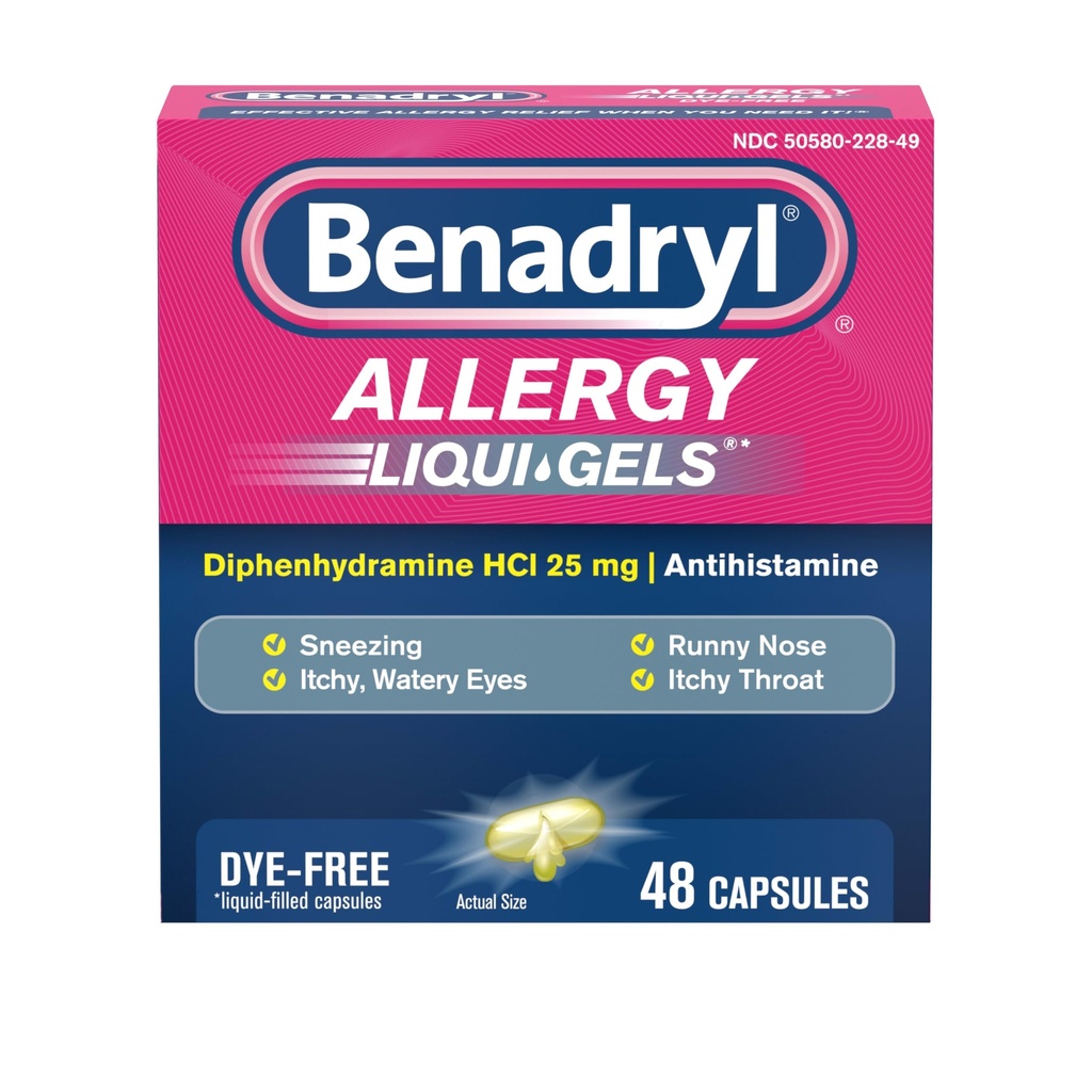 Benadryl Liqui-Gels 抗希斯胺过敏药和冷症状缓解剂,无染色液盖,25毫克二苯胺HCl,用于症状,例如,Runny Nose,喷嚏和更多,48 cm