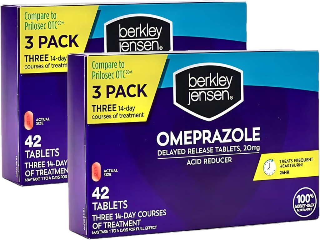 Berkley jensen Omeprazole 20 mg 延迟释放药片 - Heartburn Medicine - 减酸药片 - 治疗频繁的 Heartburn - 3x14天课程,42个计数(包2)
