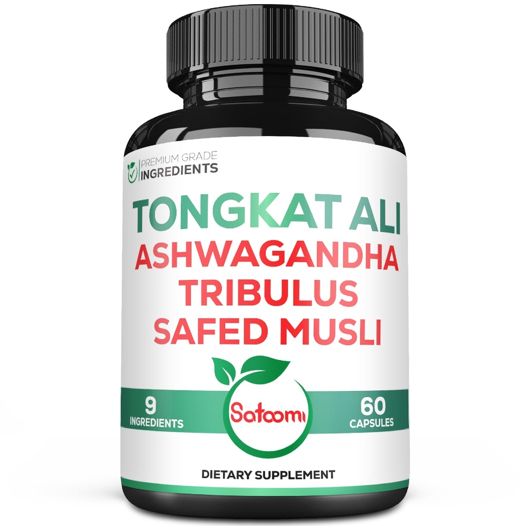 Satoomi Tongkat Ali根提取器 200:1-9 配有 Ashwagandha、Tribulus Terrestris & More-支持力量、能量和健康免疫-60 Vegan Caps 2个月供应