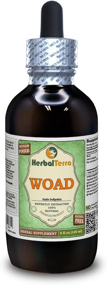 Woad (Isatis Indigotica) Glycerite, 干叶无酒精液体提取(Brand name: Herbalterra, 自豪地在美国制造) 4 fl.oz (120毫升)