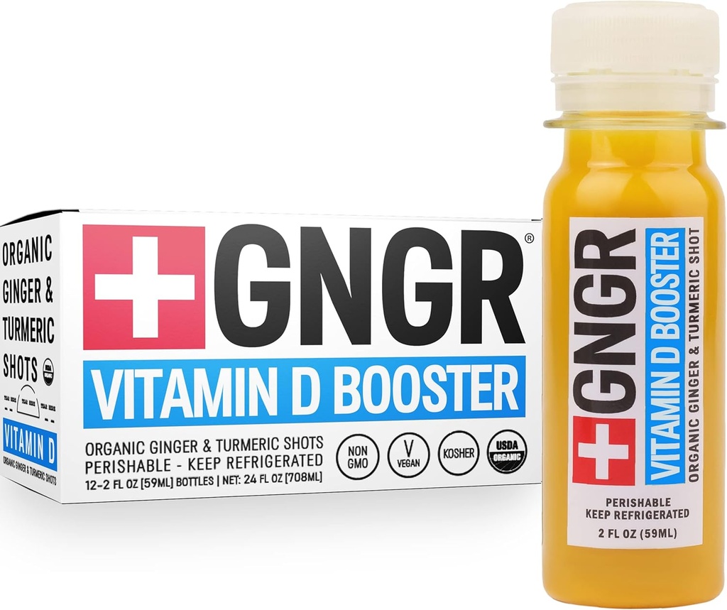+GNGR 维生素D助推器 – 热带豁免助推器版 冷椒姜 配有菠萝,Passion水果,橙色,Turmeric & Vitamin D3. Mood, 豁免与能源. 2 fl oz (Pack of 12)
