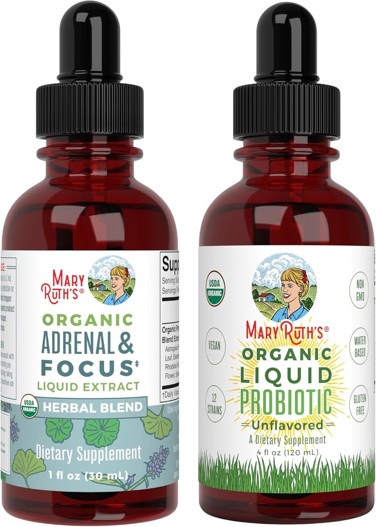 MaryRuth有机物 育婴和肾上腺健康与焦点补充,2-Pack Bundle, 消化和古特健康, Cortisol健康, 心理压力缓解, 焦点新星大脑补充