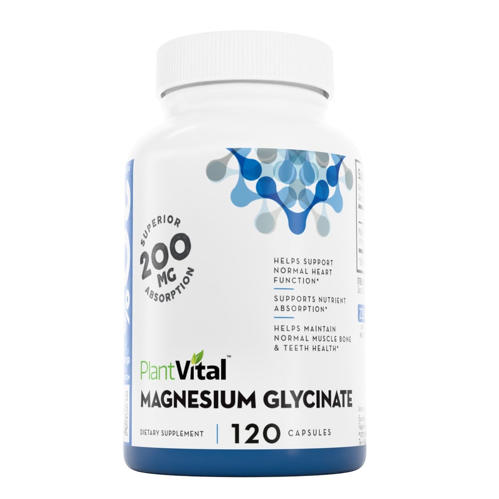 植物维他命磁性甘油200mg 120 Capsules - 高吸收、非GMO、Vegan、Gluten-Free - 支持正常睡眠、肌肉和神经功能、正常心脏和骨头健康、帮助感觉平静和放松