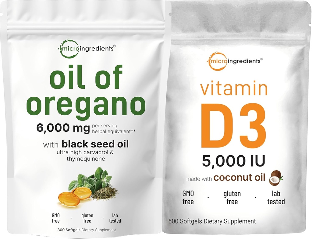 Oregano软胶的微成份油 6,000 mg Perer Service & Vitamin D3 5,000 IU Bundle Pack → 4X 强卡瓦罗尔和Thymoquinon → 维生素D 作为Cholecalciferol