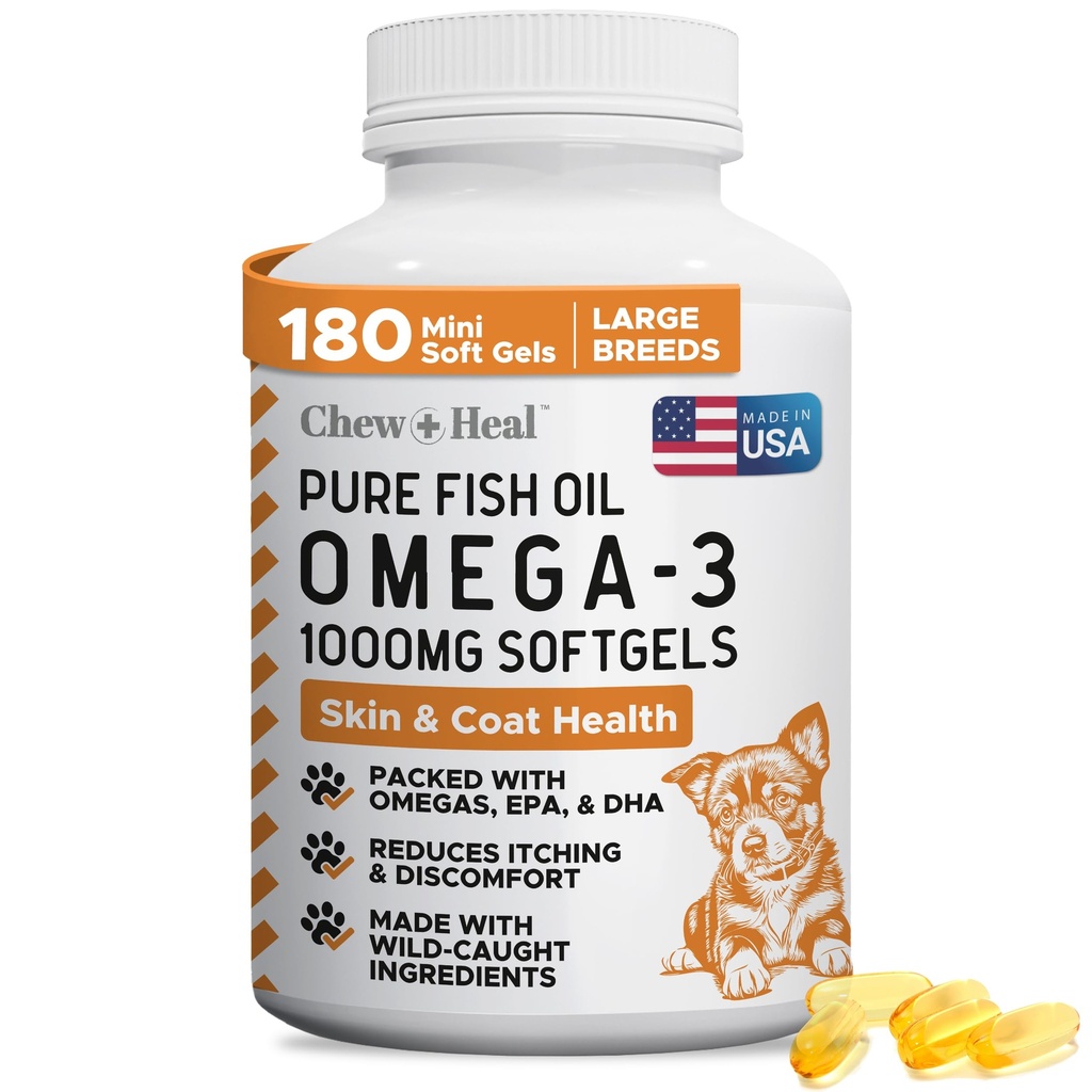 野生抓捕Omega 3 鱼油换狗 - 180 软胶卡普尔换健康皮肤和煤 - 大型1000 mg 狗鱼油丸换羊肉、干痒皮肤和热点 - 宠物Omega 沙门补充品