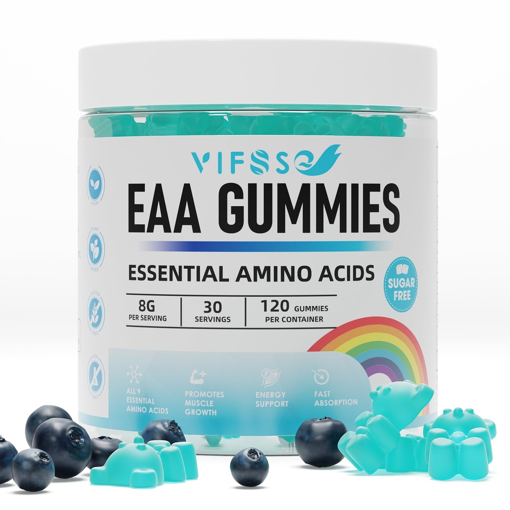 EAA Gummys 120 Gummys(蓝莓)、基本氨基酸 -- -- 全部9种基本氨基(EAA)和所有分泌的氨基(BCAAs)、非GMO、Gluten Free、蔬菜友好