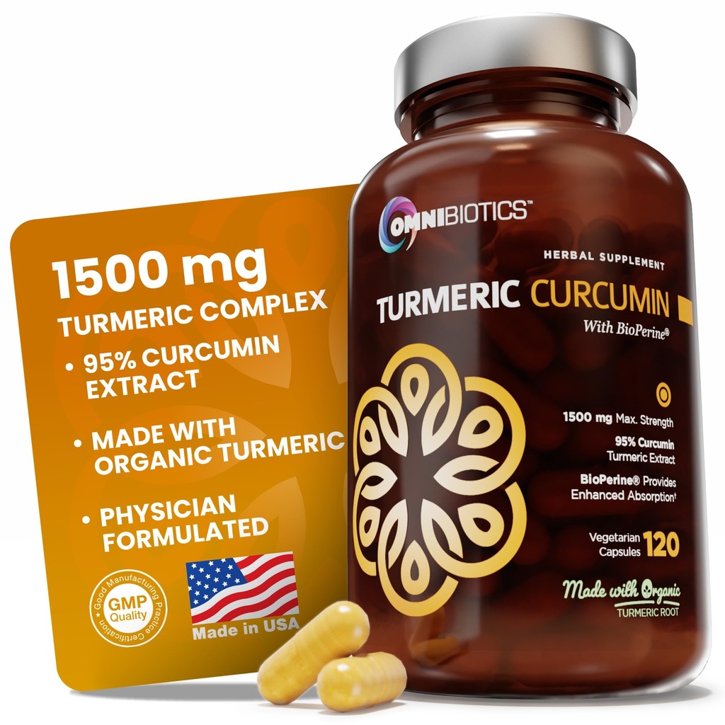 OmniBiotics Organic Turmeric Curcumin 配有黑胡椒提取剂 — 1,500mg Turmeric 配有95% Curcuminoids & BioPerine,高吸收供联合支持 — 120 Vegan Capsules