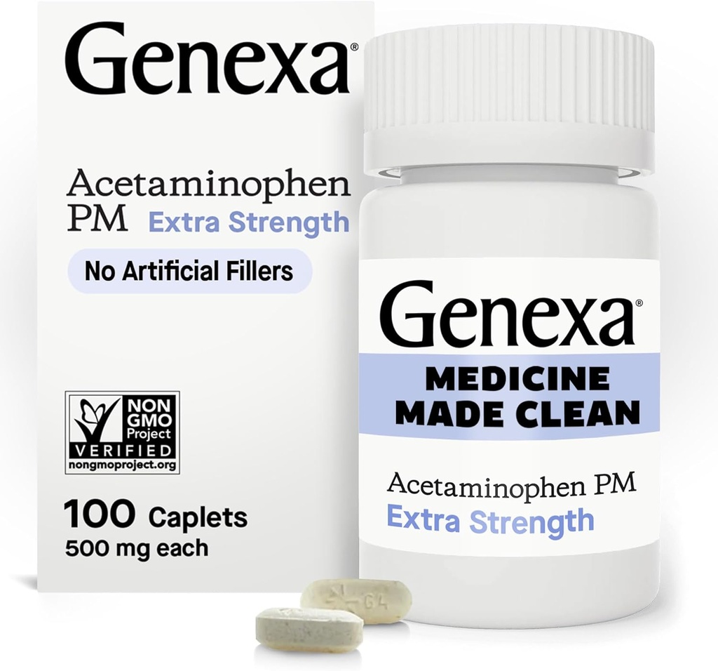 Genexa Clean Acetaminophen PM 500mg Extra 力量,Dye Free Pain Reliver, 夜间睡眠援助, Fever Dreaker, 0% 人工添加剂, 释放头痛, 背痛, 小关节炎疼痛, 100 片
