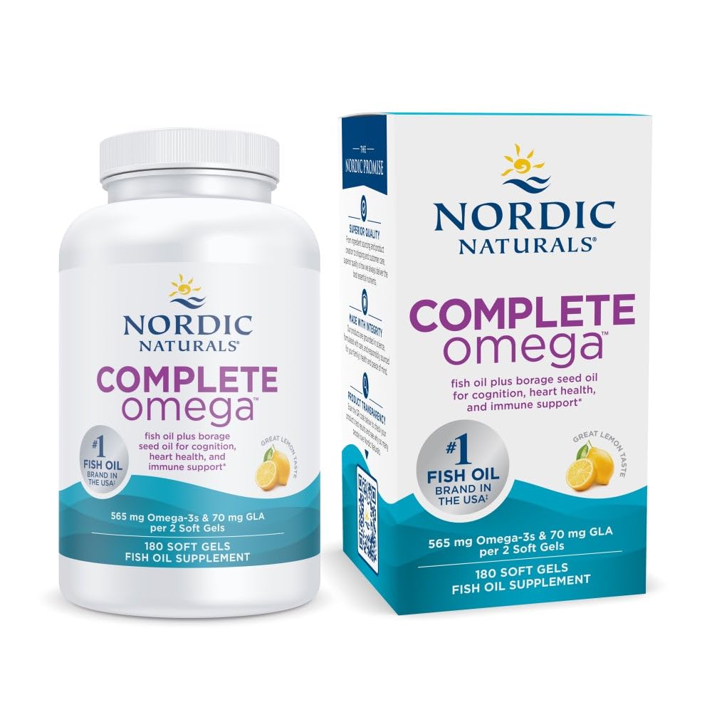 北欧自然公司 完整的Omega,Lemon Flavor - 180 Soft Gels - 565 mg Omega-3 - EPA & DHA 配有添加的GLA - 健康皮肤,认知,和阳性Mood - 非GMO - 90 服务