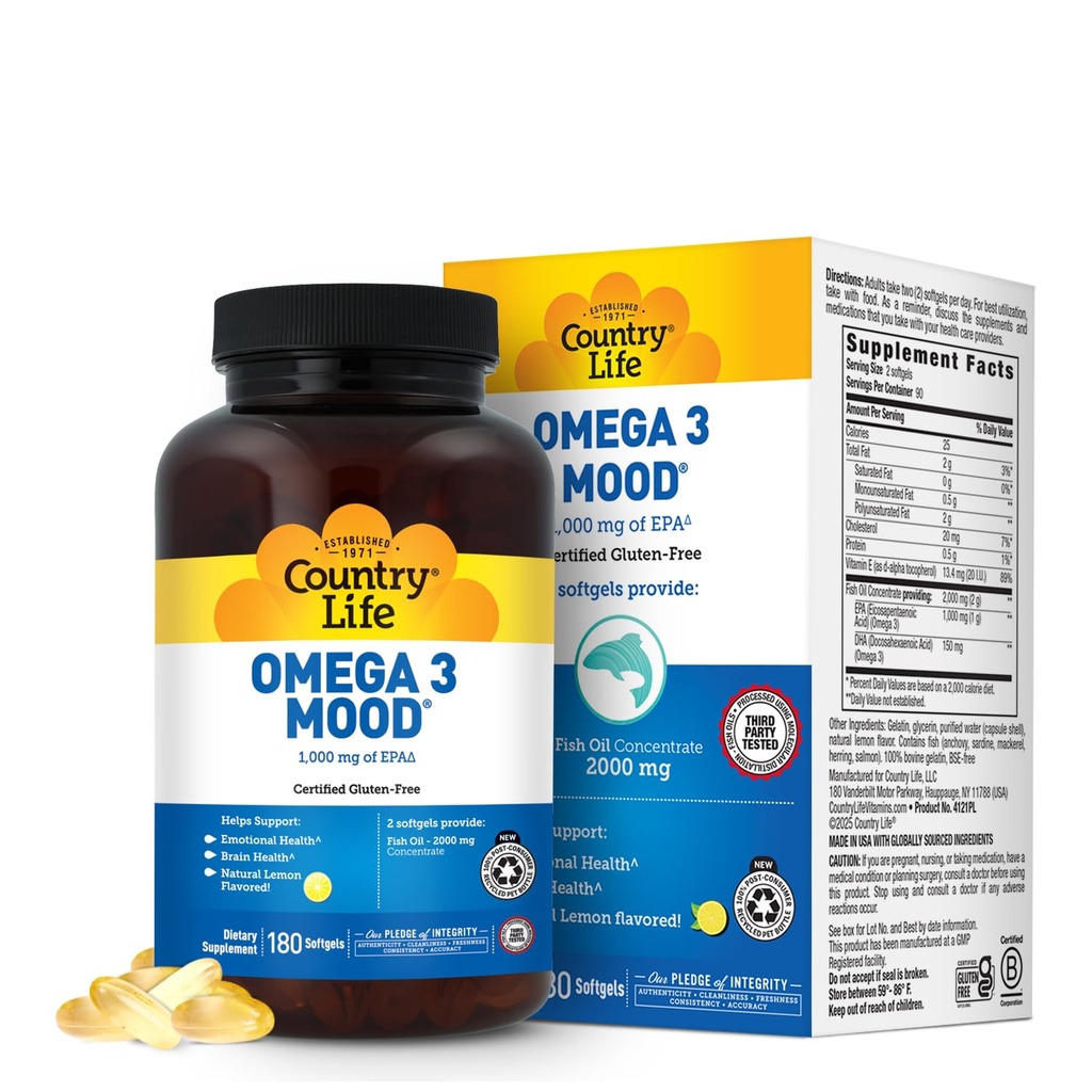 乡村生活 Omega 3 鱼油补充剂 - 高浓度环保局和DHA Omega 3 脂肪酸 - 2000 mg 鱼油促进情感健康,Mood支持,无鱼味 - 天然柠檬火焰