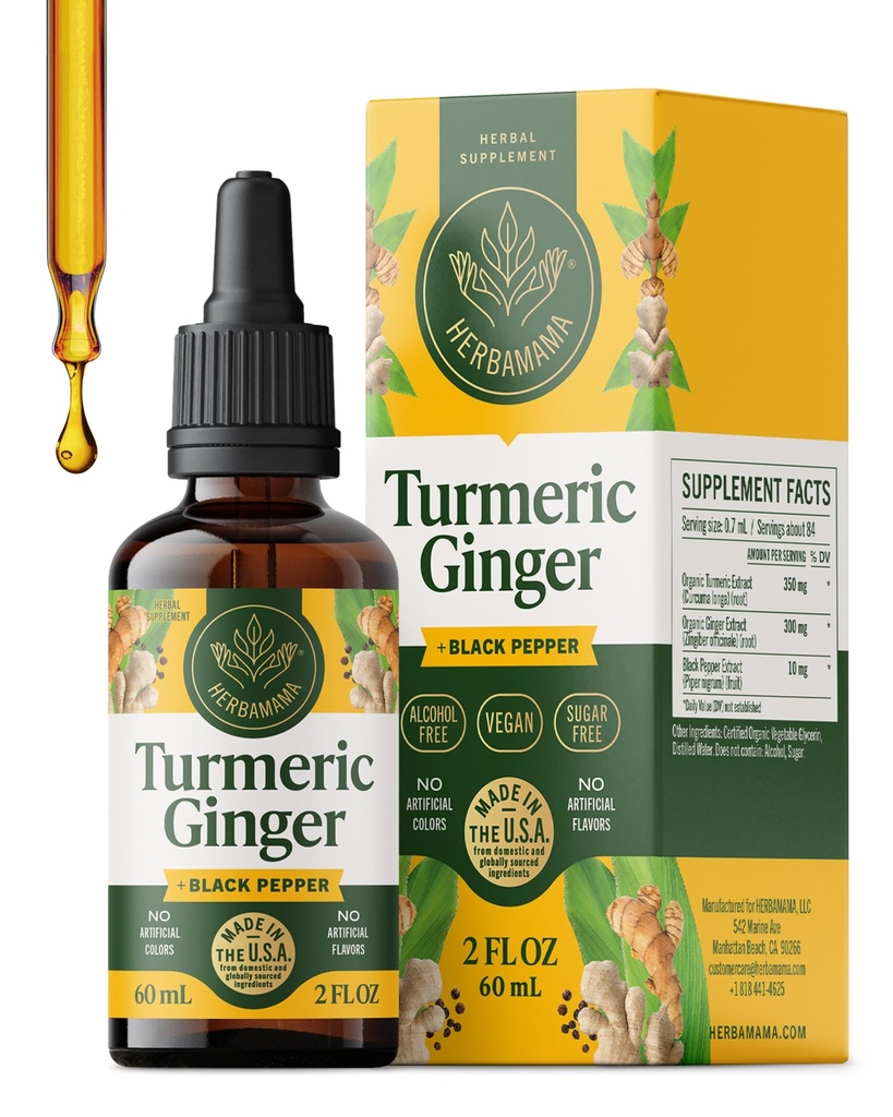 HERBAMAMA 涡轮曲霉素和姜汁补充剂 - Vegan Immune 与液姜根,Turmeric 和 Black Pepper 提取剂 - 非 GMO, 酒精和无糖豁免滴液