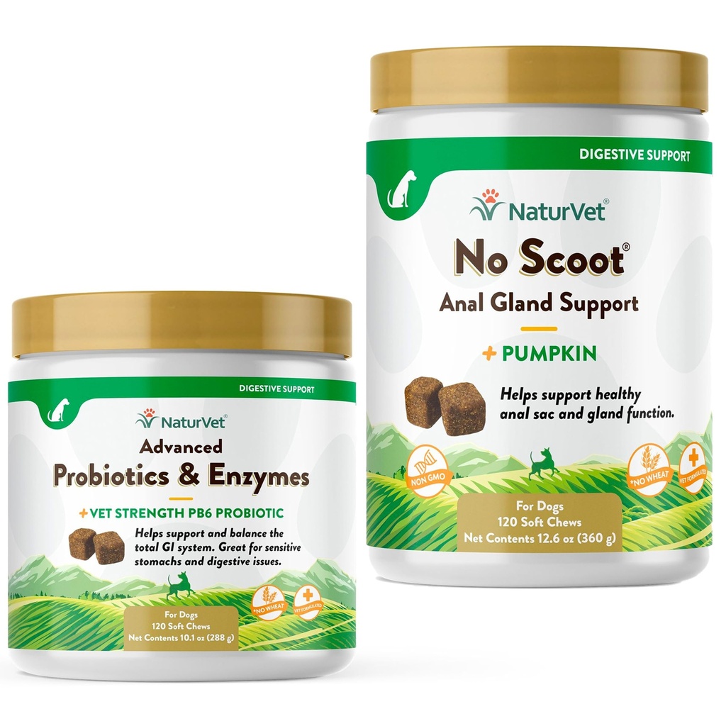 NaturVet Advanced Probiotics,健康酶和PB6 对你的狗胃的Probiotic 补充,120 Soft Chews & No Scoot for Dogs - 120 Soft Chews - 支持健康肛门Gland & Bowel函数