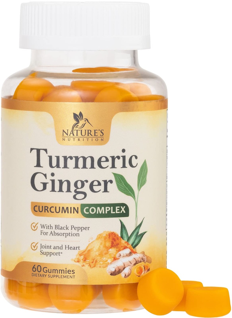 Turmeric Curcumin Supplement Gummys - 95% Curcuminoids with Turmeric & Ginger, Black Pepper for Best Absolute, Nature's Vegan 联合支持, Non-GMO, Gluten Free, Tasty Peach Flavor - 60 Gummys (英语).