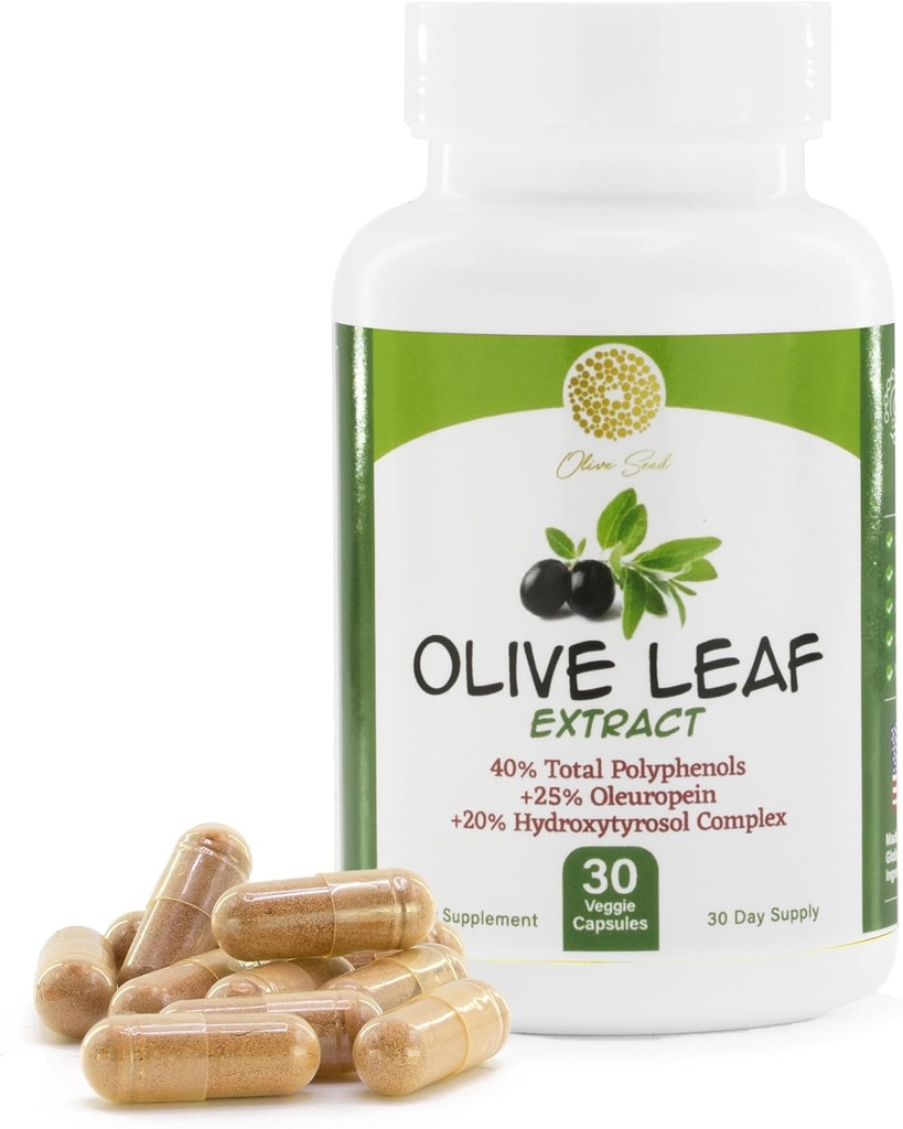 橄榄叶提取法 - 500mg - 补充物 标准化为25% Oleuropein - 20% Hydroxytyrosols - 40% 多酚 - 非GMO + Gluten Free + 奶油 Free + Soy Free + Vegan (30 Capsules)