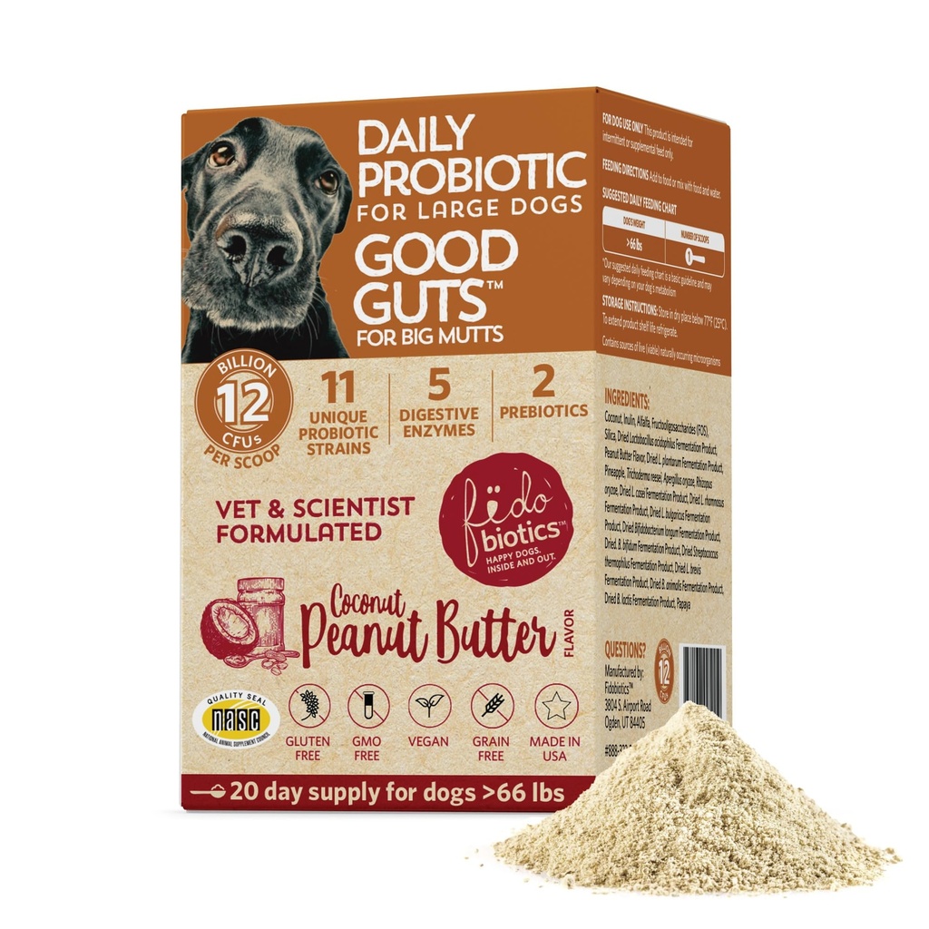 (原始内容存档于2018-09-21) (中文(中国大陆) ). Good Guts for Big Mutts Probiotic for Dogs, 12亿 CPUs, 11 Strains, 5 消化酶, 2 Prebiotics, Digitive Gut Health for Dogs, 成人和小狗 Puppy Probiotics Supplements (20日).