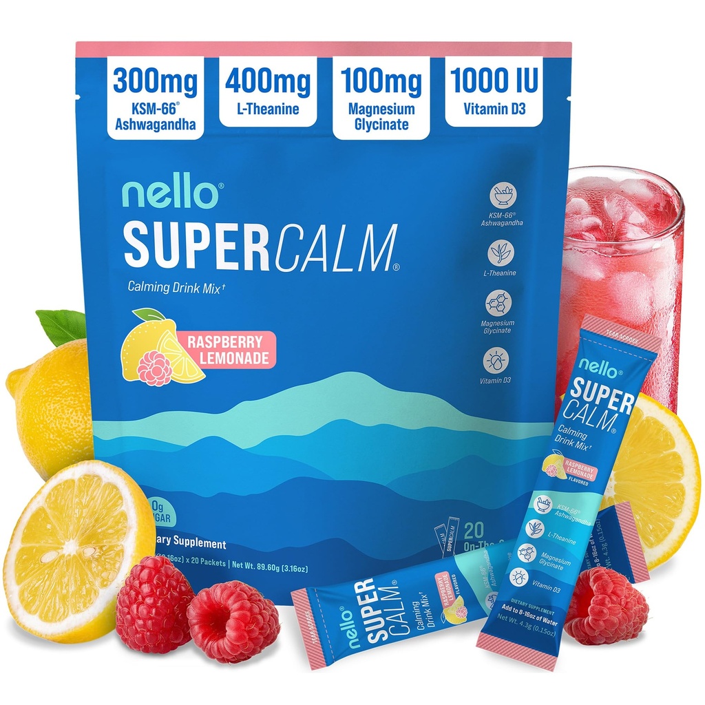 Nello Supercalm Powdered Drinking Mix, Raspberry Lemonade, L Theanine, Ksm-66 Ashwagandha, 甘油镁,维生素D 3, 放松和聚焦补充, 无糖, 非转基因生物, On The Go, 20 Ct
