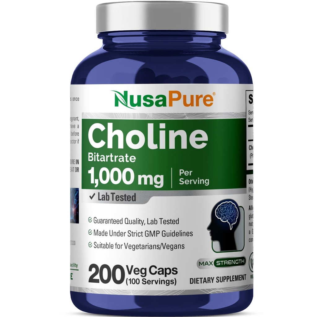 NusaPure Choline Bitartrate 1000 mg 200 Veggie Capsules (蔬菜,非GMO)