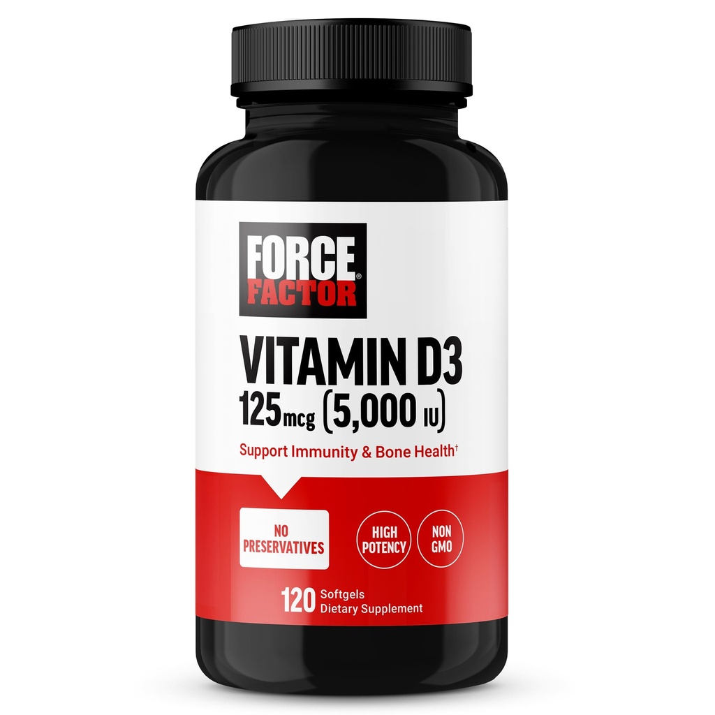 FORCE FACTOR 维生素D3 5000 IU 软胶,支持豁免和骨质健康的高概率维生素D补充剂,优质精品,无防腐剂,120软胶