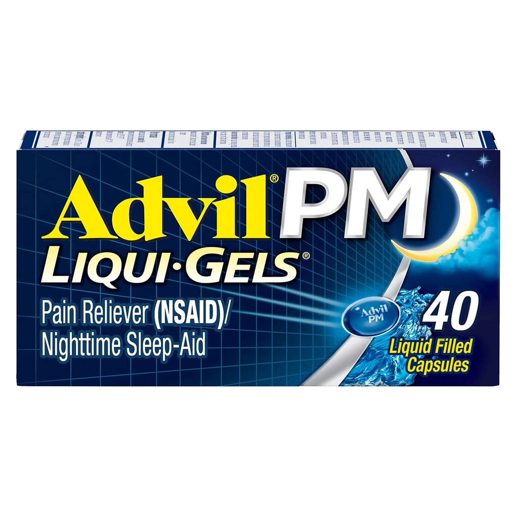 Advil PM Liqui-Gels Pain Reliver和夜间睡眠援助、用Ibuprofen治疗疼痛的止痛药和用二酚胺HCL治疗睡眠援助----40个液体填充盖-回到学院
