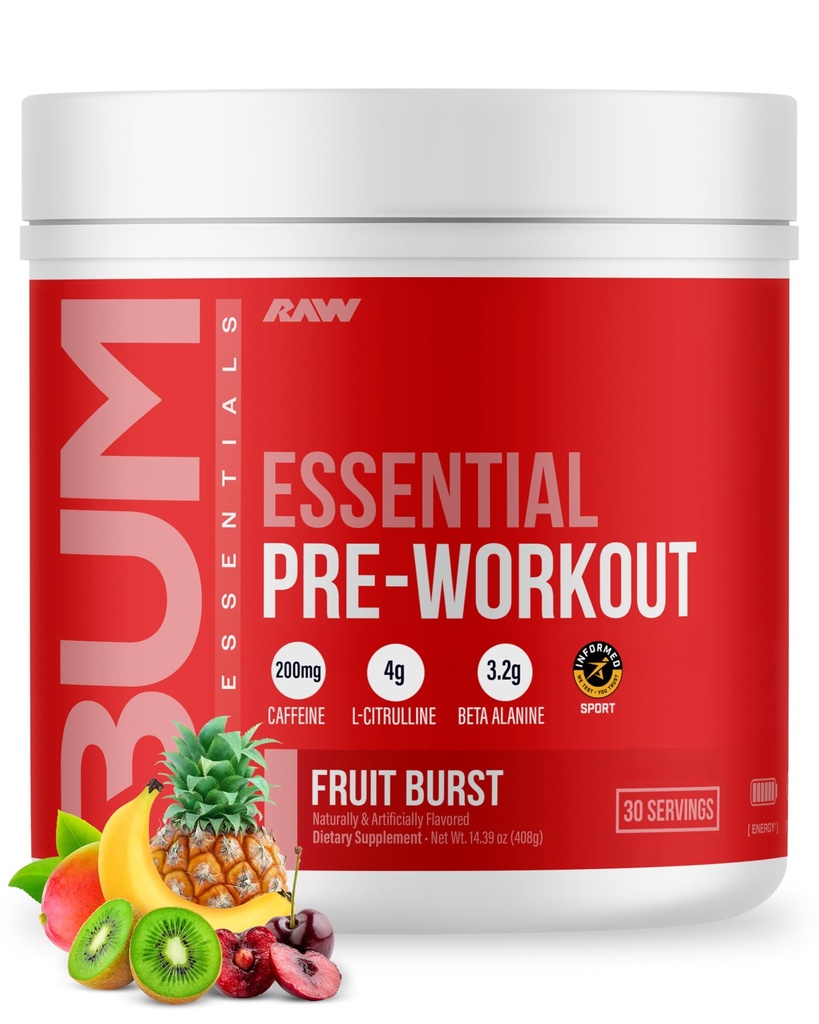 RAW 工作前基本粉末(Fruit Burst) - Chris Bumstead 男女体育营养补充剂 - 工作前能源粉末与咖啡因,L-Citrulline,L-Tyrosine, & Beta Alanine 混合剂
