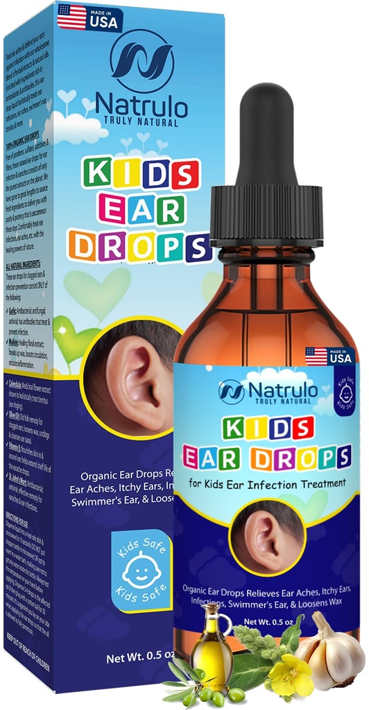 Natrulo Natural Ear Drops for Kids Ear Ear Introduction – 有机儿童 Ear Ear Oil Drops Relieves Ear Aches, Itchy Ears, Introductions, Swimer's Ear, & Loosens Wax – 儿童安全,美国制造