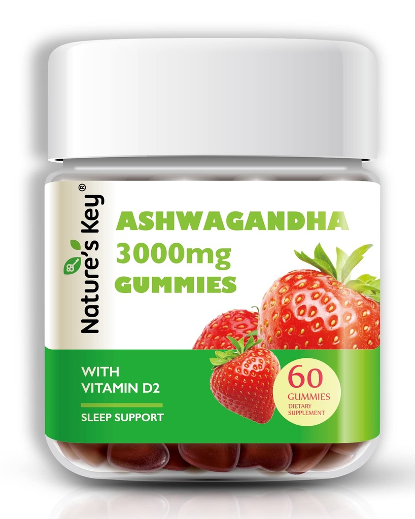 自然之钥 Ashwagandha Gummys, 3000mg 高潜力 Ashwagandha 根提取与维生素D2, 压力, 冷静的Mood和认知, 男女,草莓火焰(60 Counter of 1)
