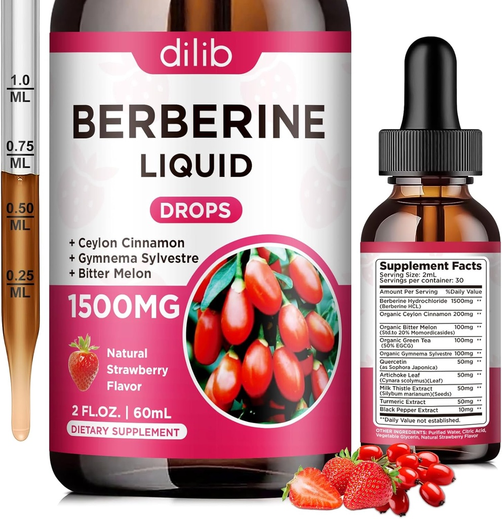 Berberine 补充液滴 - Berberine HCL 1500mg 与锡兰桂,Bitter Melon, Gymnema Sylvestre for Imune, 文摘系统和心脏健康,天然草莓 Flavor, 2 Fl Oz