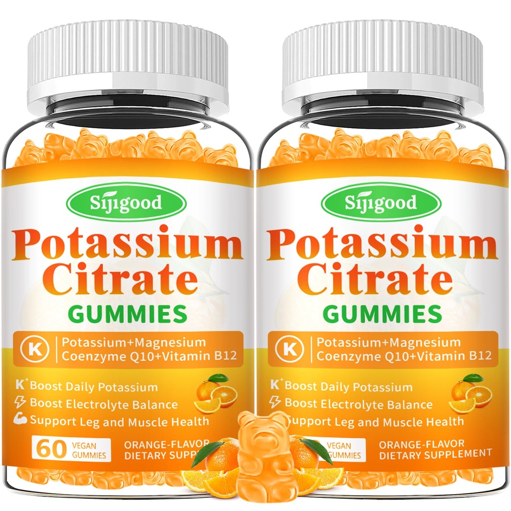 2 Pack Potassium Citrate Gummys – 肌肉健康高潜力钾补充剂,腿板减压,电解平衡 – Vegan, Non-GMO, Gluten-Free, Orange Flavor, 120 Count