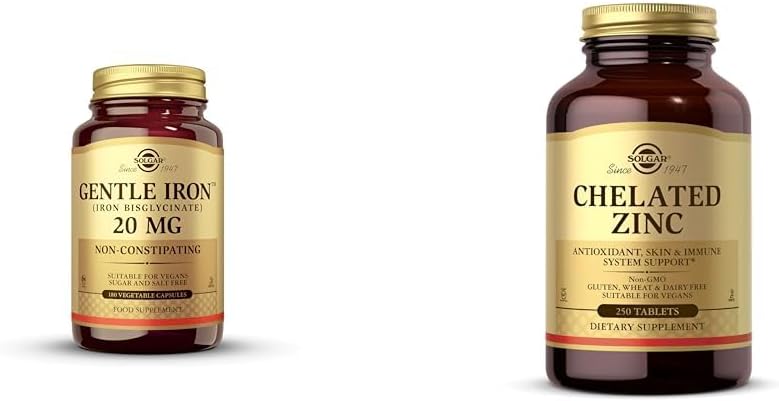 Solgar Gentle Iron - 敏感胃红细胞的理想补充剂,非便秘和转基因与Chelad Zinc, 250片 - 健康皮肤的锌 - 支持细胞生长和DNA形成