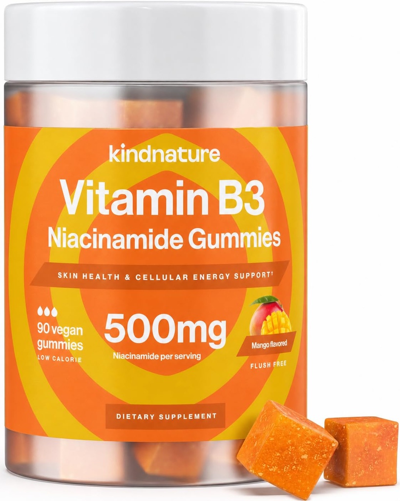 温生维生素B3 尼亚金蛋白 - Flush Free Niacinamide 500mg 补充剂 - Vegan, Non-GMO, Low-Calore, Gluten-Free, Soy-Fee, 3 党实验室测试 - 1个月供应,90 Chewable Gummys
