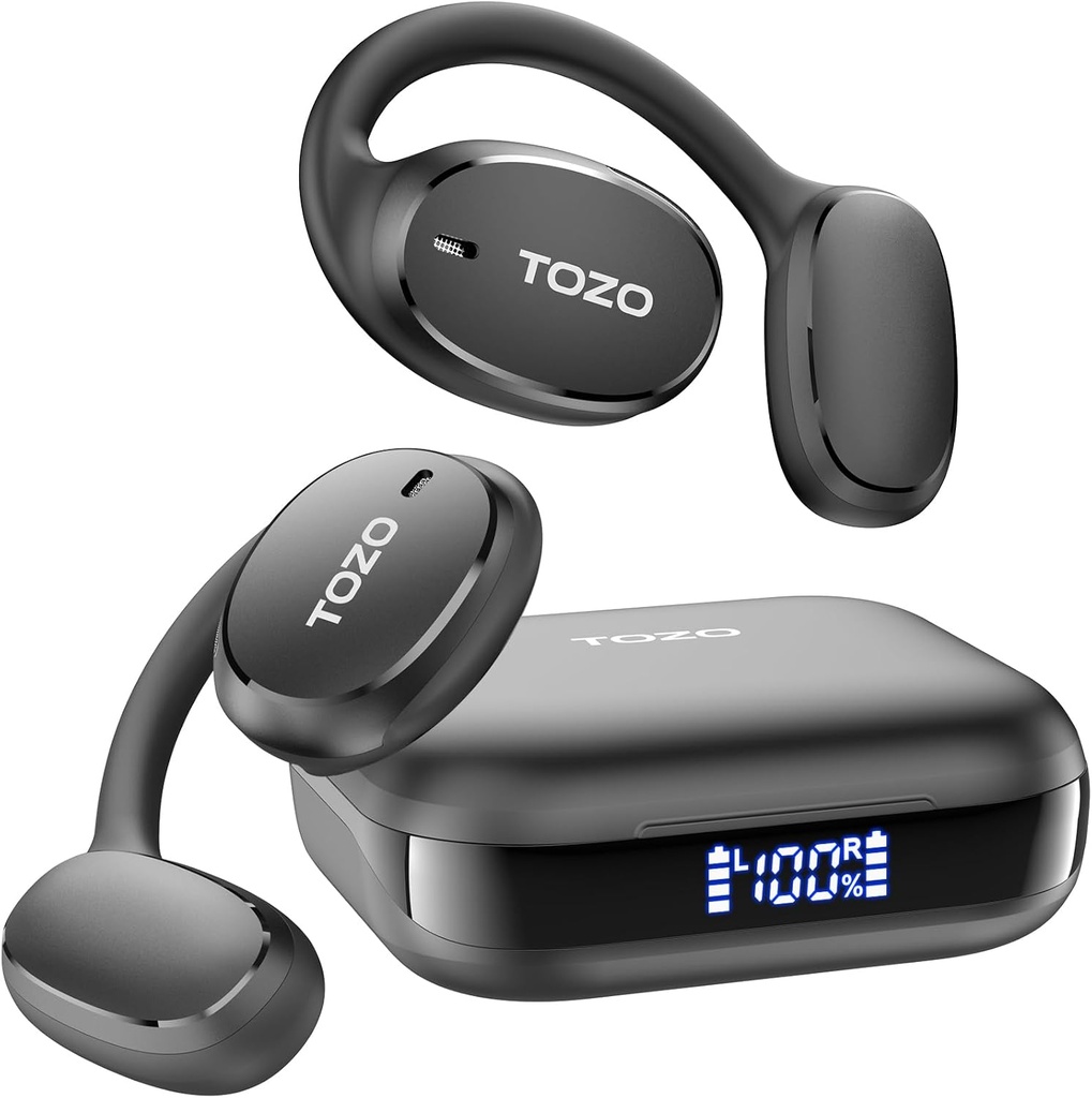 TOZO OpenEgo OpenEar Ear Ear Earuds 蓝牙耳机,80Hrs Playtime 无线耳机与Earhooks,数字显示,32 EQ模式, Clear Call, Confortable Wear, Sweat-Proof 运行的解决黑色