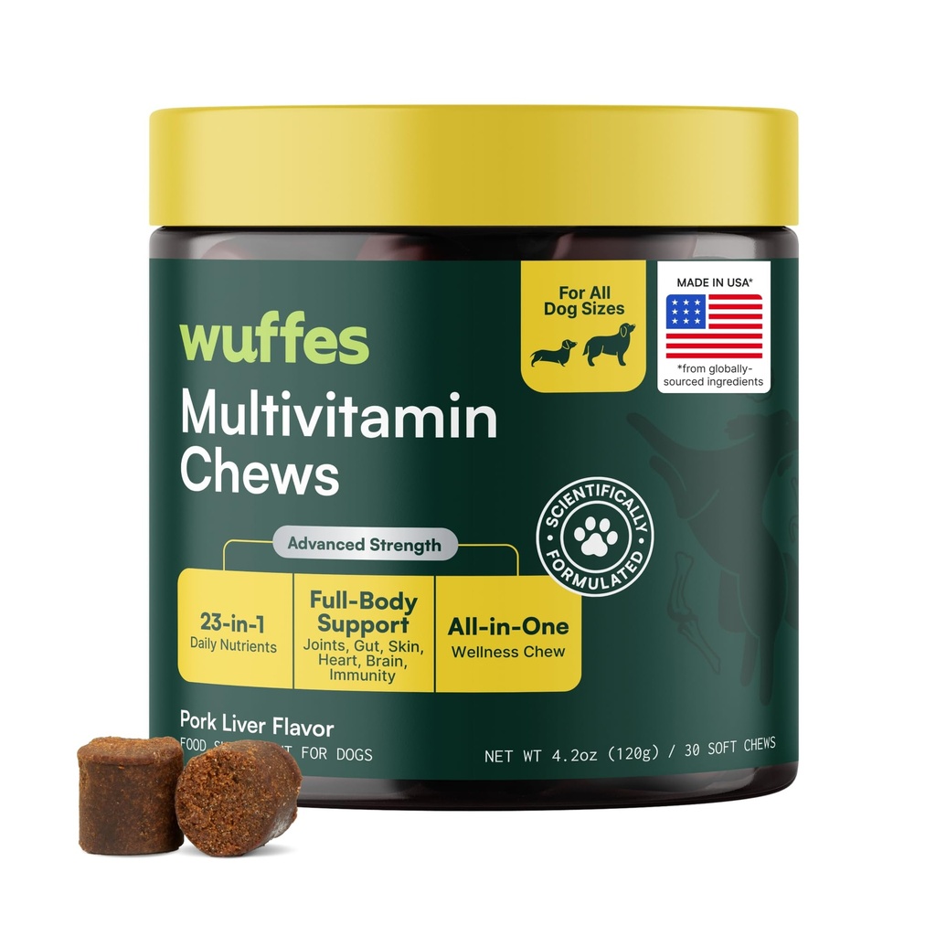 Wuffes 23-in-1 Dog 多维特敏 配有 Omega 3, 铁,锌,维生素C - 矿产品和老年狗和小狗维生素 - 30 软厨