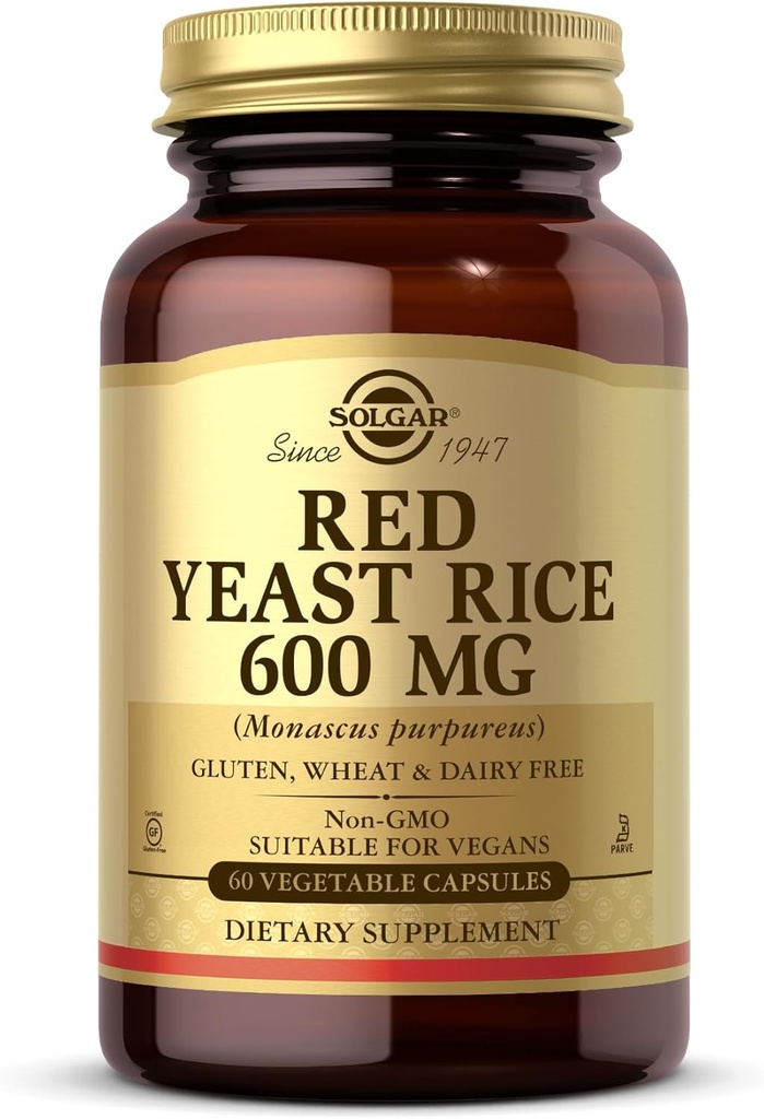 Solgar Red Yeast Rice 600 mg - 60 蔬菜卡普尔 - 非GMO, Vegan, Gluten Free, 乳品免费, Kosher - 30 服务