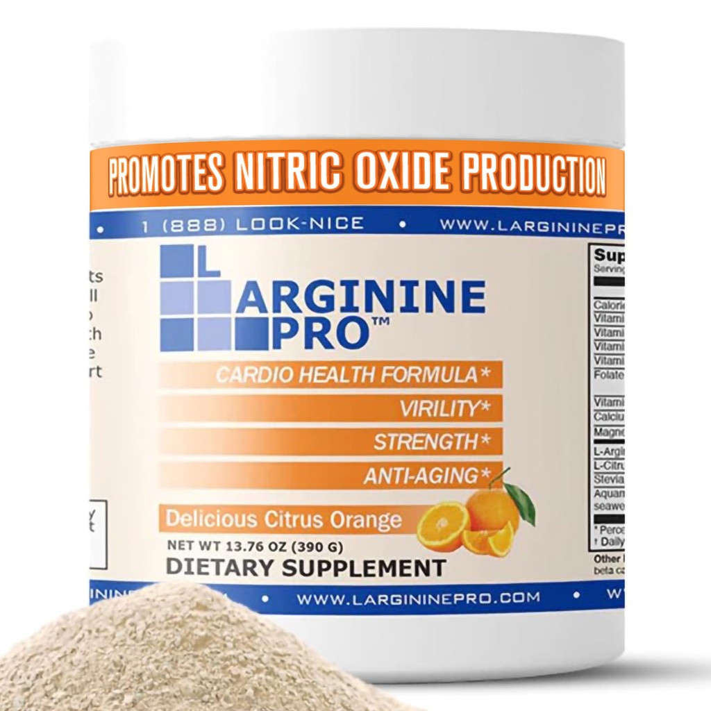 L-Arginine PRO → 5,500mg L-Arginine Plus L-Citrulline 1,100mg 橙色粉剂饮料混合剂,用于增加硝氧生产