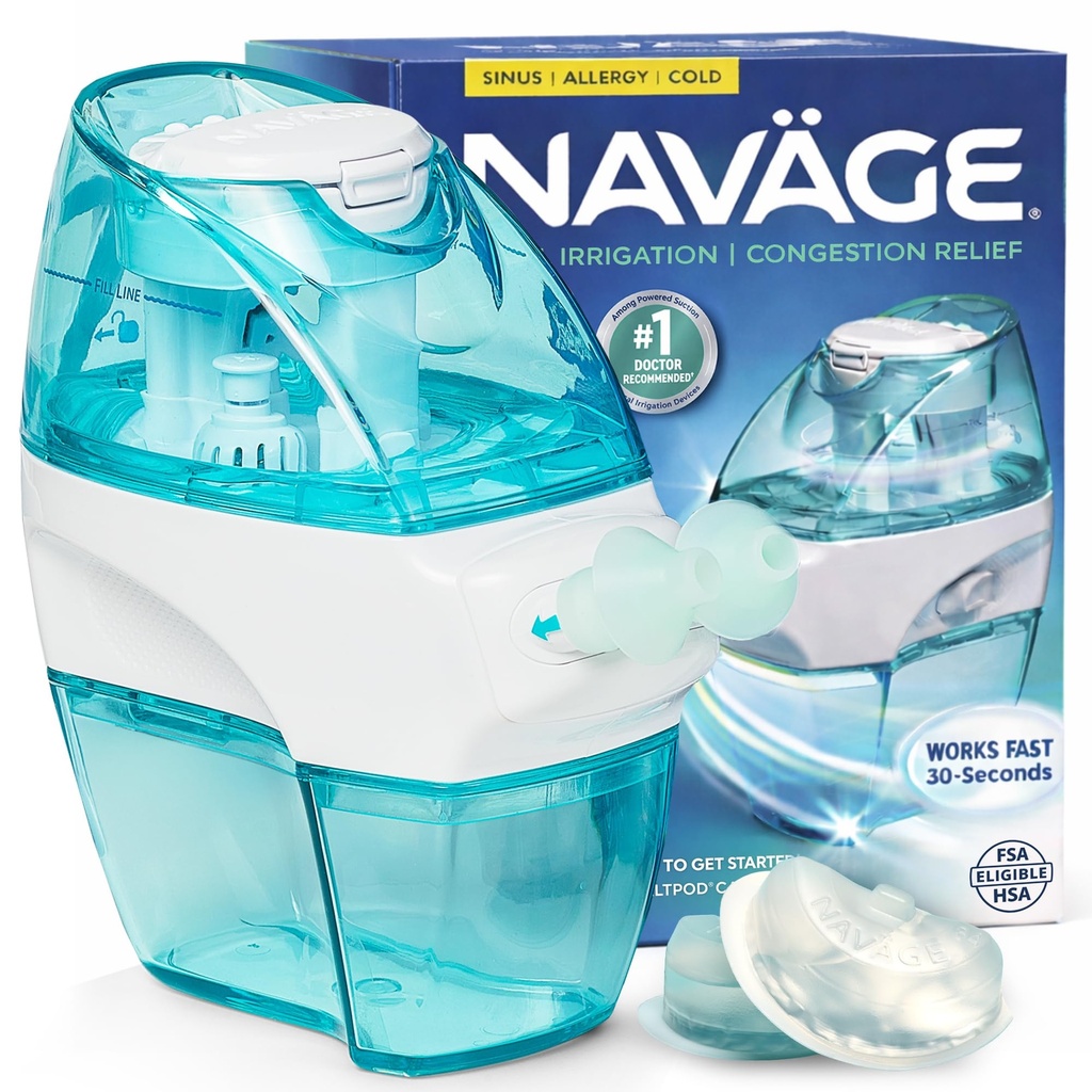 Navalage Starter Bundle - 鼻水灌溉系统 - Saline Nasal Rinse Kit,配有1个Naverage Nose清洁器和30个盐锅