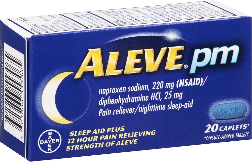 Aleve PM Caplets, Naproxen Sodium 220 mg(NSAID)/二苯胺HCl 25 mg, 疼痛救生剂/夜间睡眠援助,非哈比特成型, 20 mg