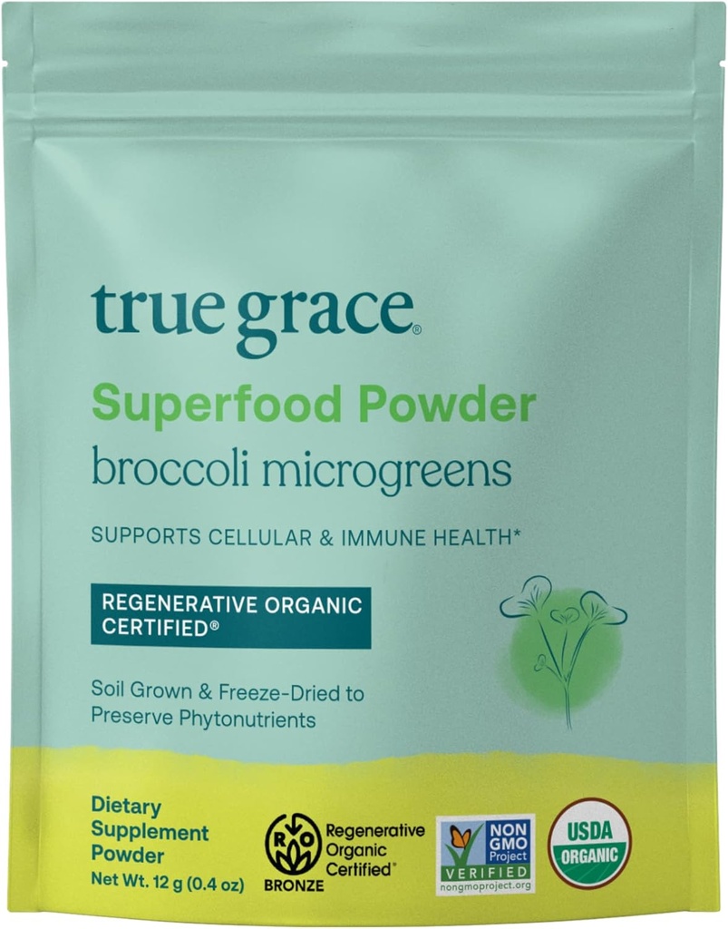 True Grace Brocoli 微绿色 - 0.4 oz - 细胞和免疫健康每日超级食品粉 - Gluten & Soy Free, Vegan,再生有机认证 - 30种服务
