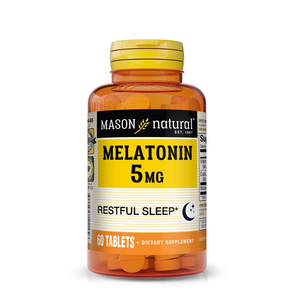 Mason Natural Melatonin 5 mg 配有 B6 & Calcium, 自然睡眠援助, 支持休眠, 60 片