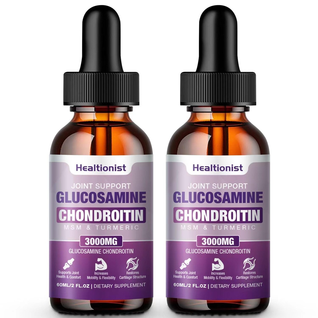 2 Pack Glucosamine Chondroitin MSM液滴,成人男女额外力量联合支持补充,Quercetin Boswelia,Bromelain,抗氧化剂免疫支持(4 Fl oz)