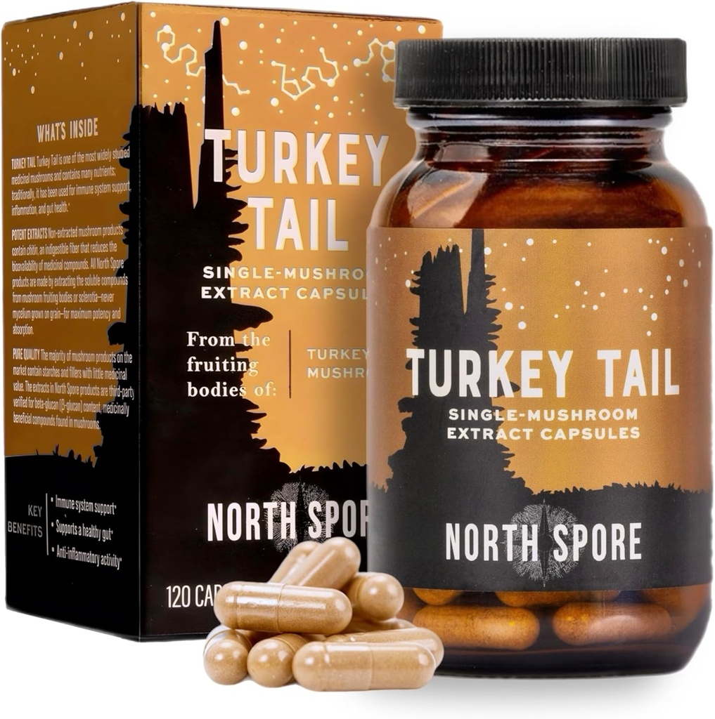 北Spore Organization Turkey Tail 提取蘑菇 补充 Capsules → Stamina & Endurance → 60天供应 → 高概率混合 → 100% 水果体提取 → Vegan,非 GMO → 120ct