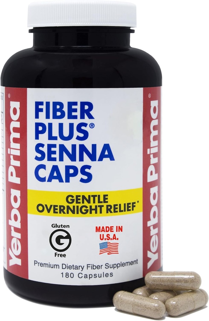 Yerba Prima Fiber Plus Senna Capsules, 180 Counter - Gentle Over night Relief, USA Made, 非GMO, 用于恢复正常状态的短期用途