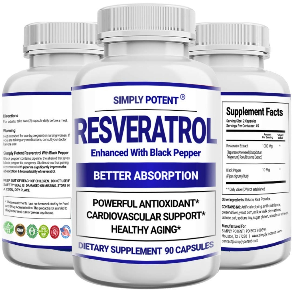 Resveratrol 1000mg 补充剂,Trans Resveratrol 500mg, Resveratrol 加固黑椒,用于最大吸附剂、强抗氧化剂和抗衰老药丸,用于心脏,Immune和皮肤健康,90 Capsules