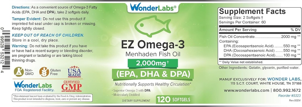 EZ Omega-3 Atlantic Menhaden鱼油补充剂 2000 mg, Burpless, 在美国制造, EPA+的完美平衡 DHA + DPA 120软胶