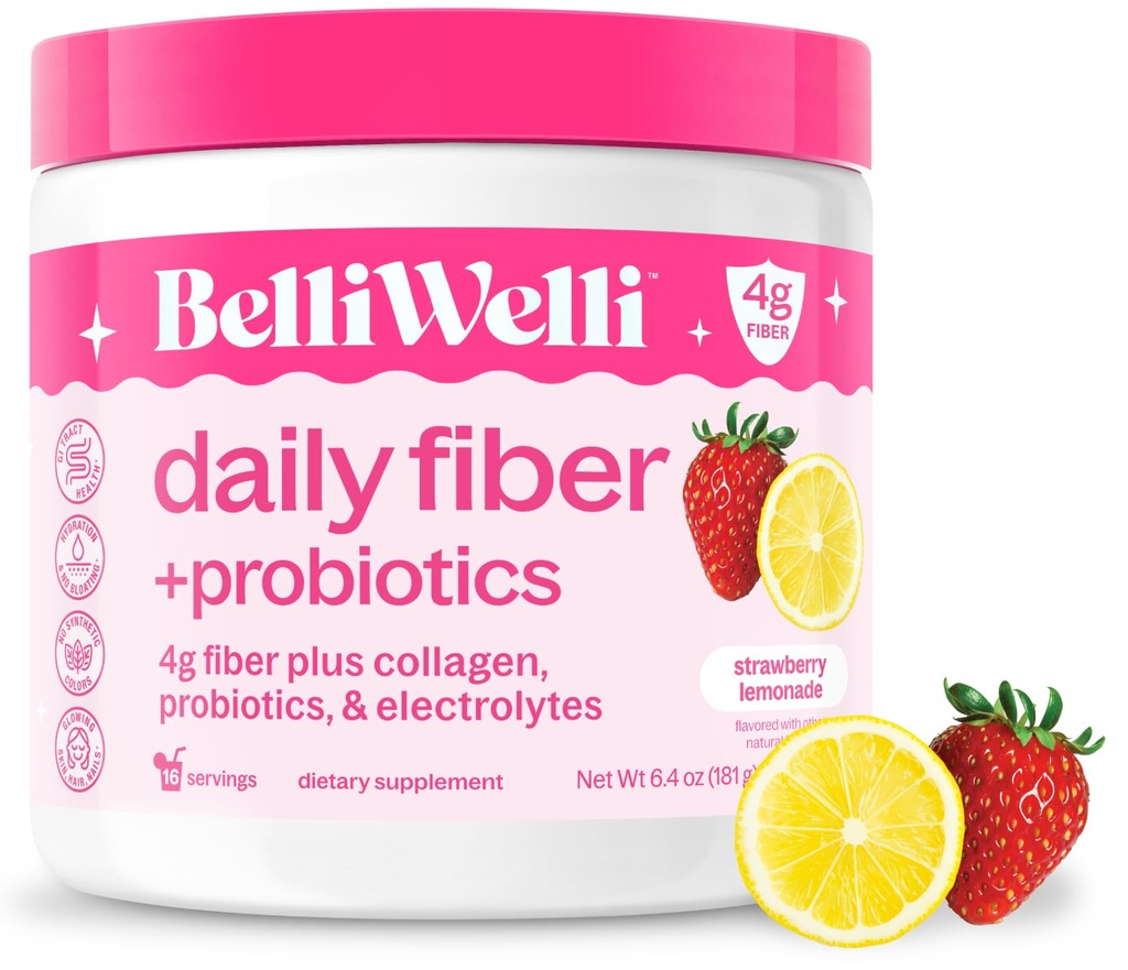 Belli Welli Fiber 女性和男性补充剂,来自有机丙烯的Premium Daily Fiber 粉末,配有添加的凝胶、电解质和专利、无布洛特、便秘和古特健康支持(草莓柠檬汁)