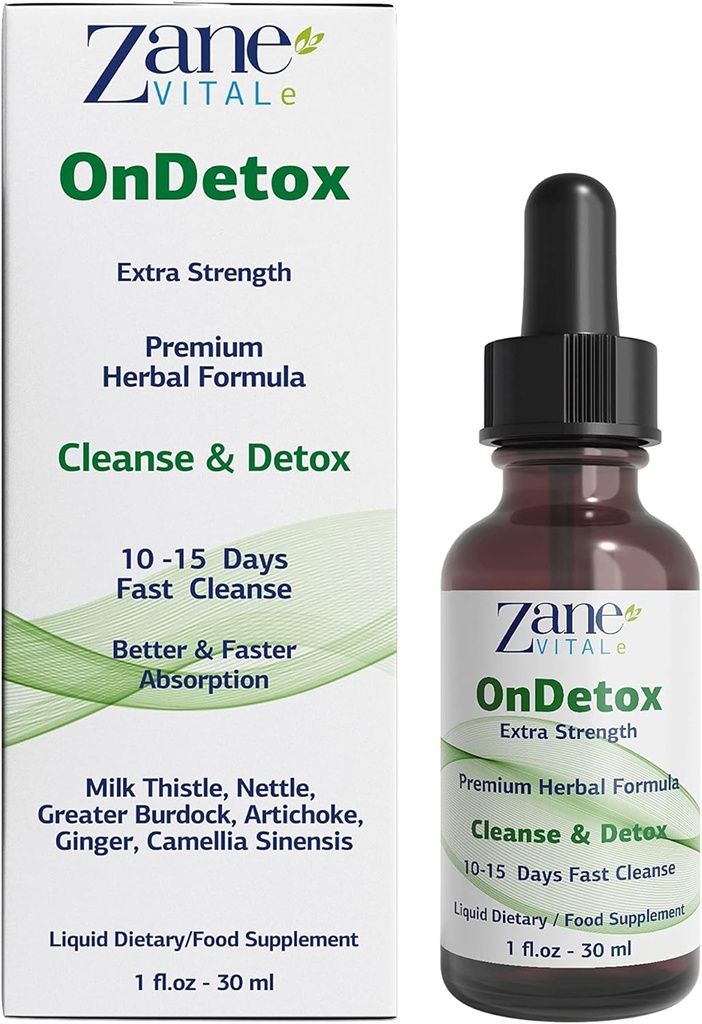 Zane On Detox QQ10 – 15天快速清洁与支持 – Detox & 修复 配有 Milk Thetle, Nettle, Greater Burdock, Artichoke & More → Vegan → Non-GMO → Gluten-Free → 1 Fl Oz. - 30ml.