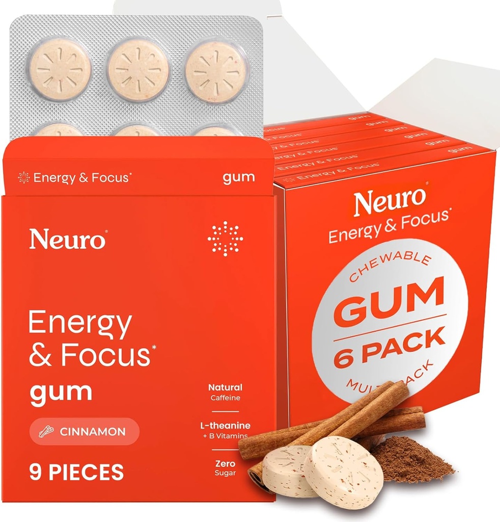 神经Gum能源与焦点Gum(54 Counter-6 Pack,Cinnamon) + 40mg 天然咖啡因 + L-Theanine + 维生素 B12 + B6 + Xylitol → 糖无诺诺氏性认知脑性能补充